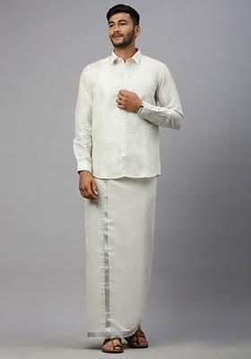 White Cotton Blend Full Sleeve Shirt And Single Dhoti For Men