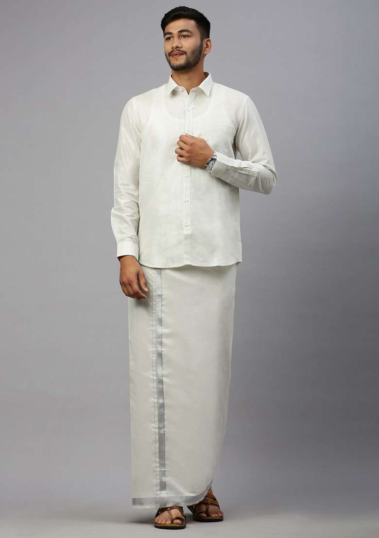 White Cotton Blend Full Sleeve Shirt And Single Dhoti For Men - Indya