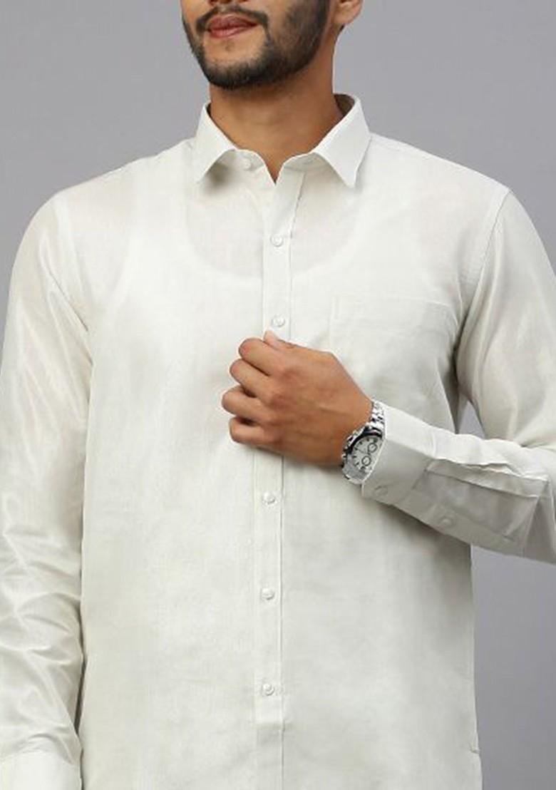White Cotton Blend Full Sleeve Shirt And Single Dhoti For Men - Indya