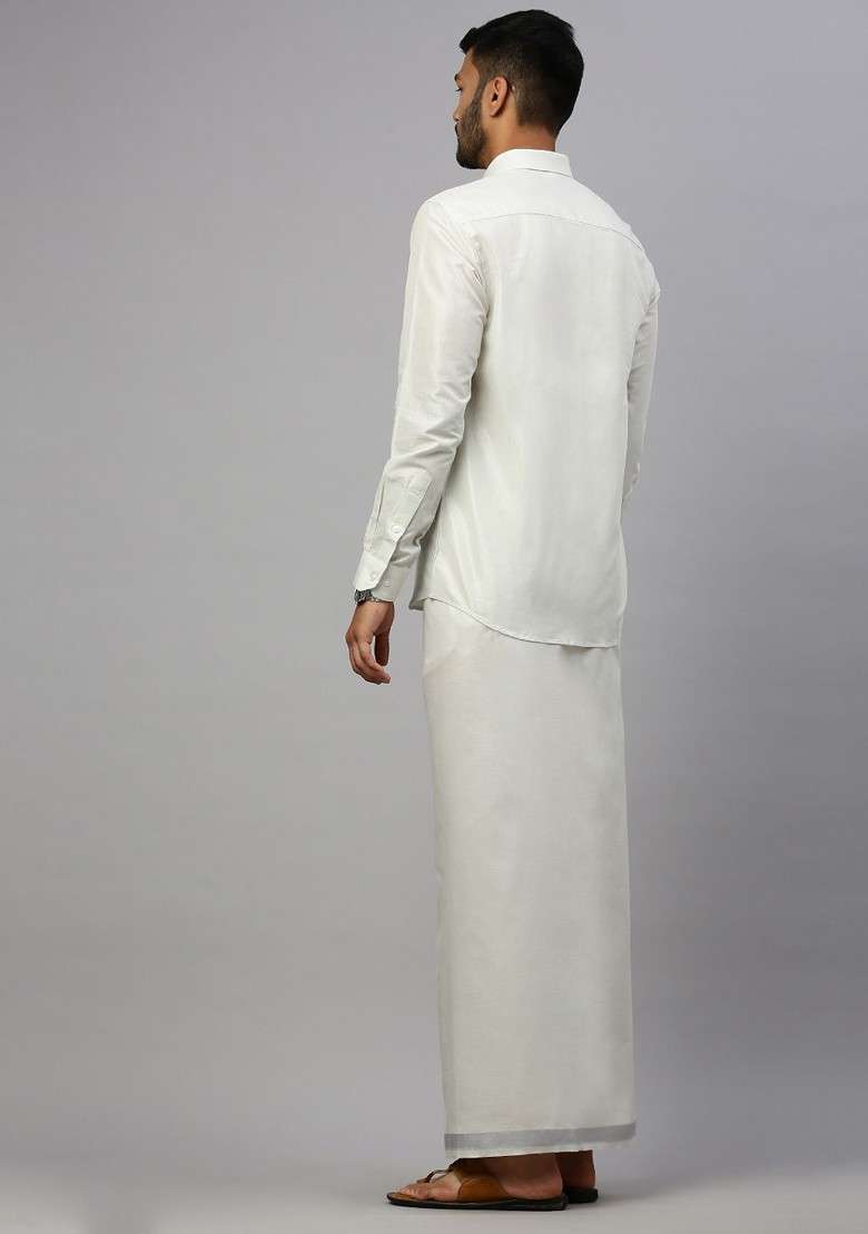 White Cotton Blend Full Sleeve Shirt And Single Dhoti For Men - Indya