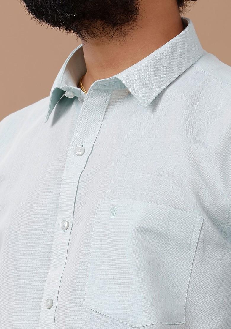 Green Cotton Blend Dhoti And Half Sleeves Shirt Set For Men