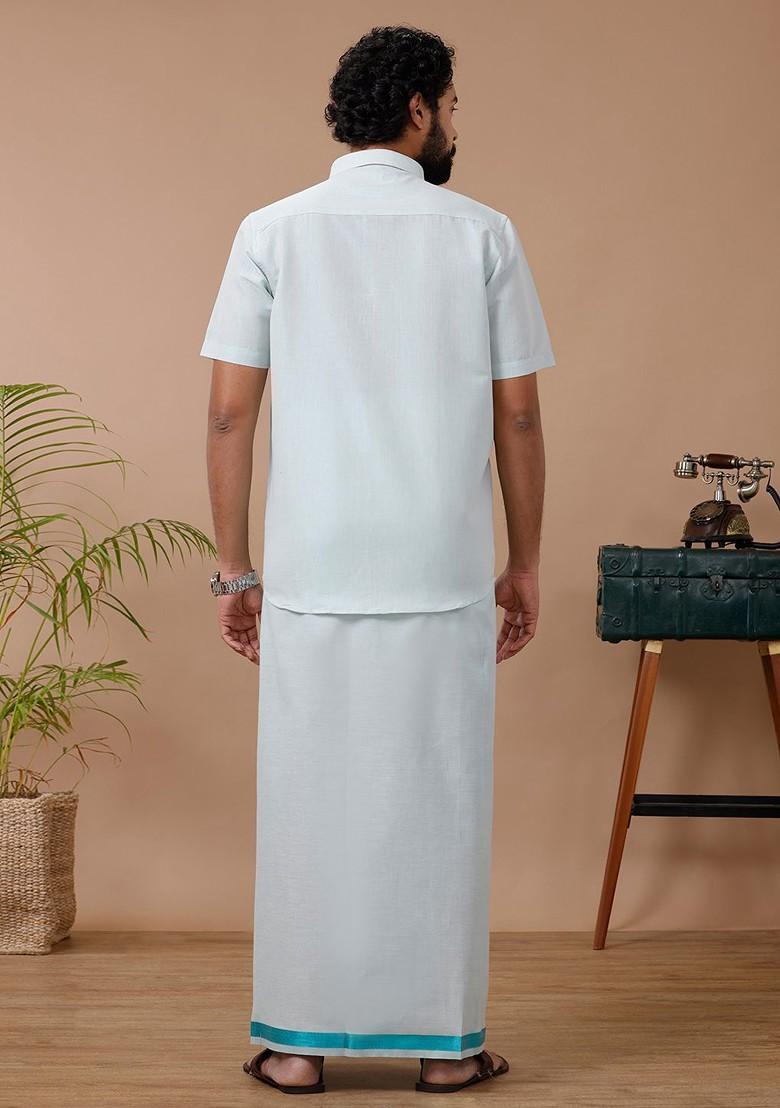 Green Cotton Blend Dhoti And Half Sleeves Shirt Set For Men