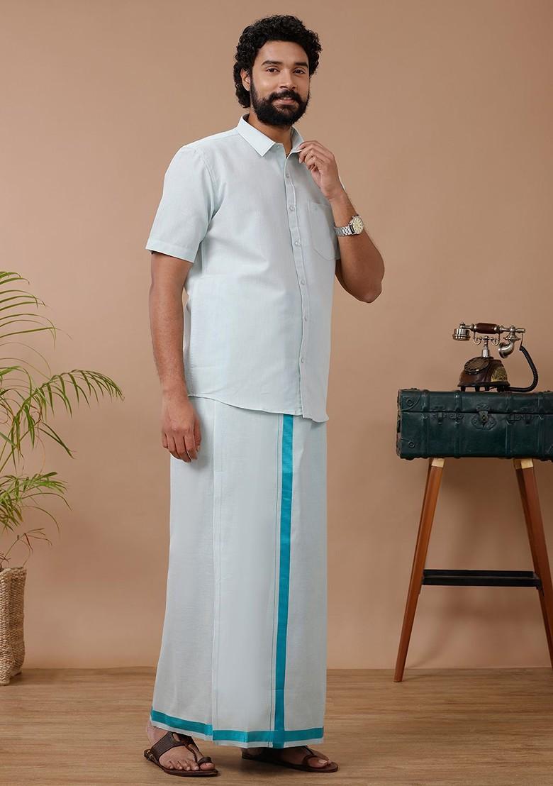 Green Cotton Blend Dhoti And Half Sleeves Shirt Set For Men