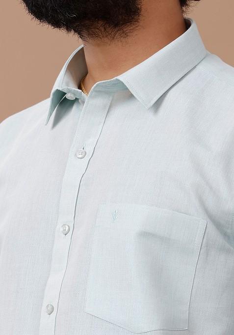 Green Cotton Blend Dhoti And Half Sleeves Shirt Set For Men