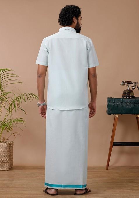 Green Cotton Blend Dhoti And Half Sleeves Shirt Set For Men