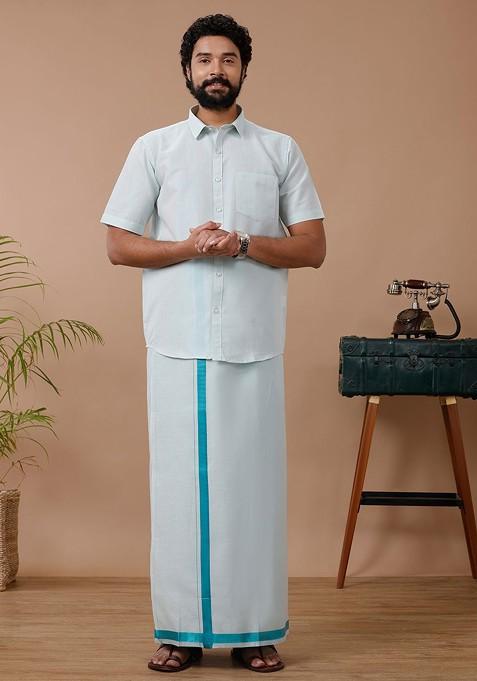 Green Cotton Blend Dhoti And Half Sleeves Shirt Set For Men