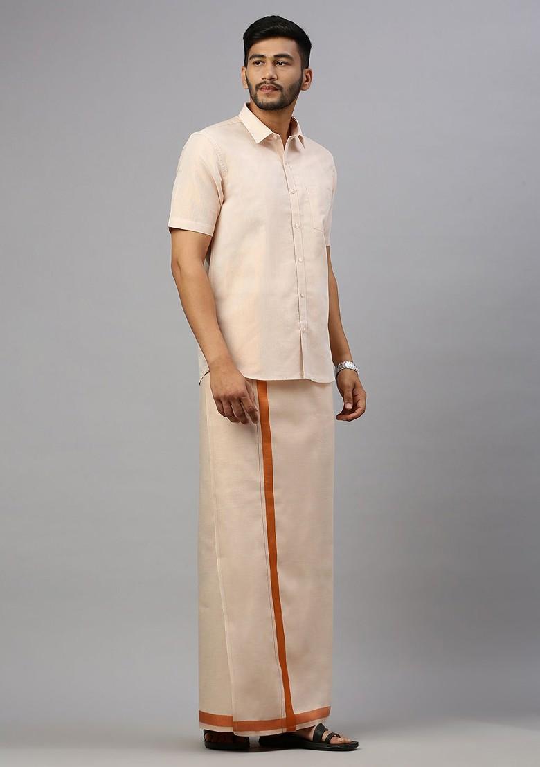 Copper Cotton Blend Half Sleeve Shirt With Matching Single Dhoti Set For Men - Indya
