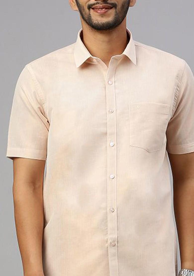 Copper Cotton Blend Half Sleeve Shirt With Matching Single Dhoti Set For Men - Indya