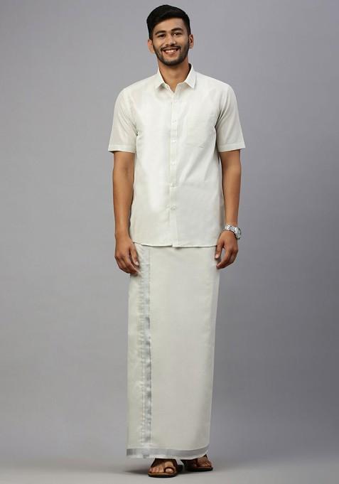 White Cotton Blend Half Sleeve Shirt With Matching Single Dhoti Set For Men