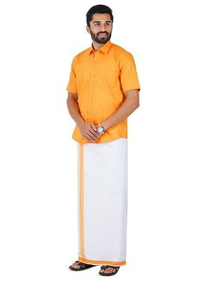 Yellow Pure Cotton Shirt With Adjustable Dhoti For Men