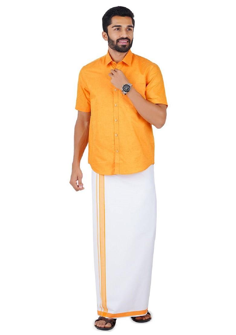 Yellow Pure Cotton Shirt With Adjustable Dhoti For Men - Indya