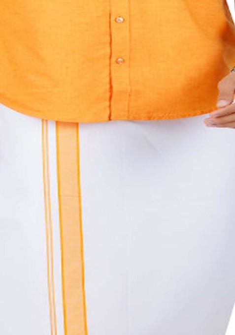 Yellow Pure Cotton Shirt With Adjustable Dhoti For Men