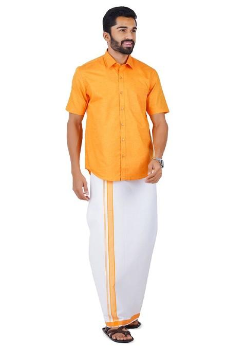 Yellow Pure Cotton Shirt With Adjustable Dhoti For Men