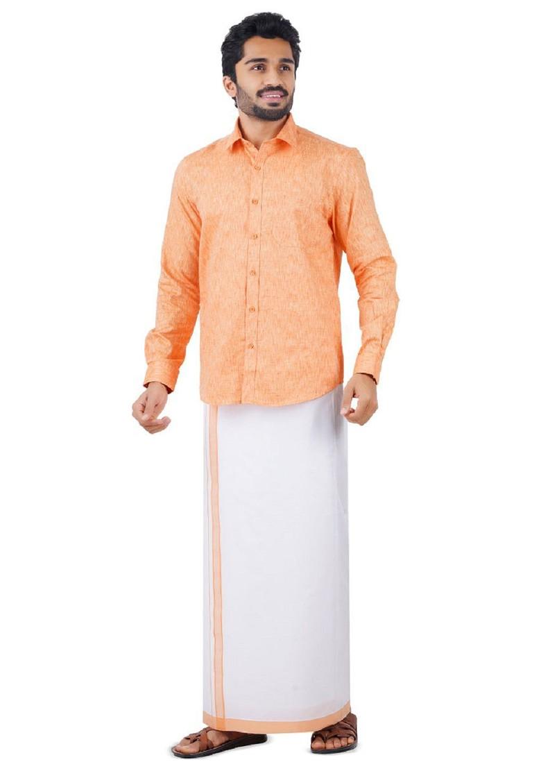 Orange Pure Cotton Shirt With Adjustable Dhoti For Men