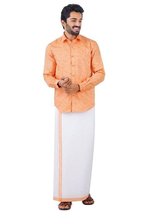 Orange Pure Cotton Shirt With Adjustable Dhoti For Men