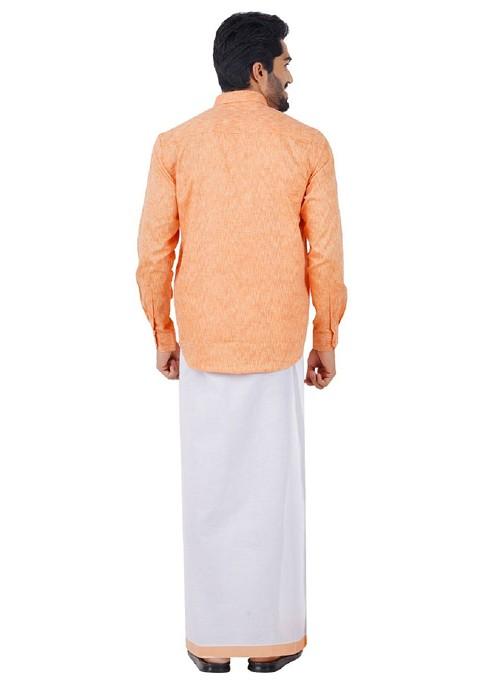 Orange Pure Cotton Shirt With Adjustable Dhoti For Men