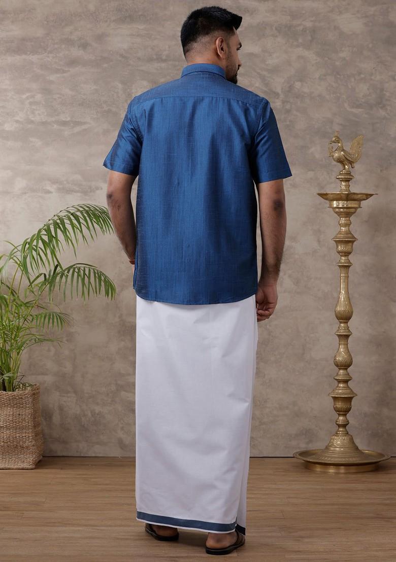 Blue Solid Traditional Cotton Shirt And Matching Fancy Border Dhoti For Men