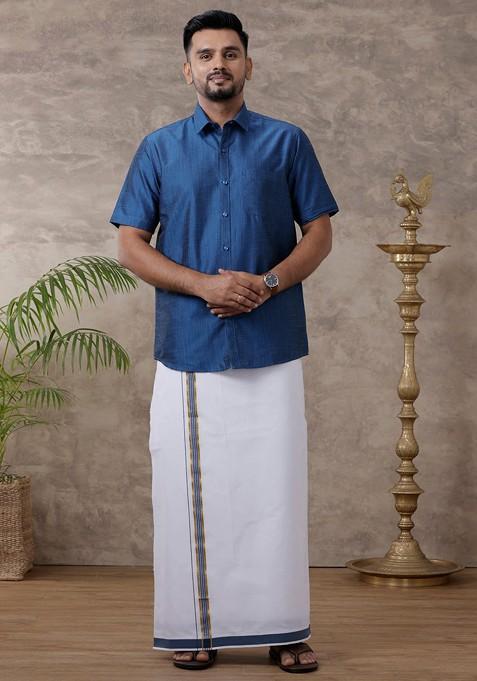 Blue Solid Traditional Cotton Shirt And Matching Fancy Border Dhoti For Men