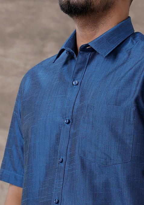 Blue Solid Traditional Cotton Shirt And Matching Fancy Border Dhoti For Men