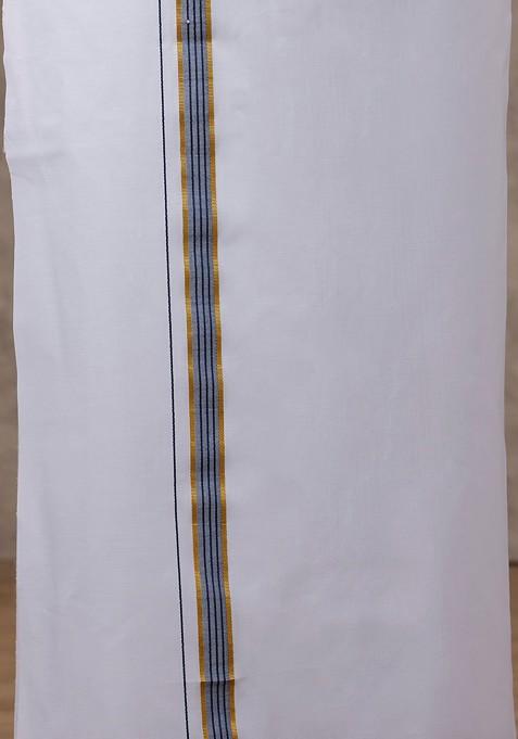 Blue Solid Traditional Cotton Shirt And Matching Fancy Border Dhoti For Men