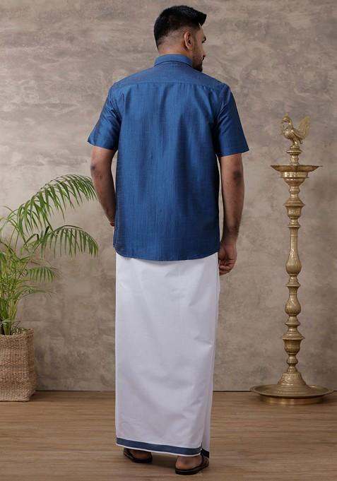 Blue Solid Traditional Cotton Shirt And Matching Fancy Border Dhoti For Men