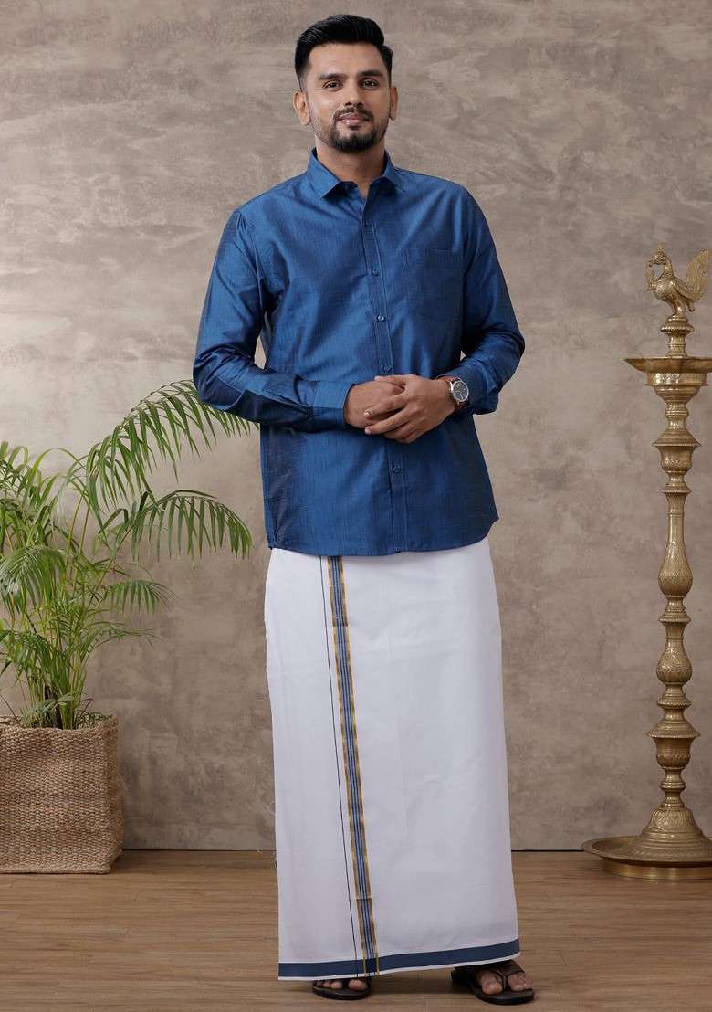 Blue Solid Traditional Cotton Shirt And Matching Fancy Border Dhoti For Men - Indya