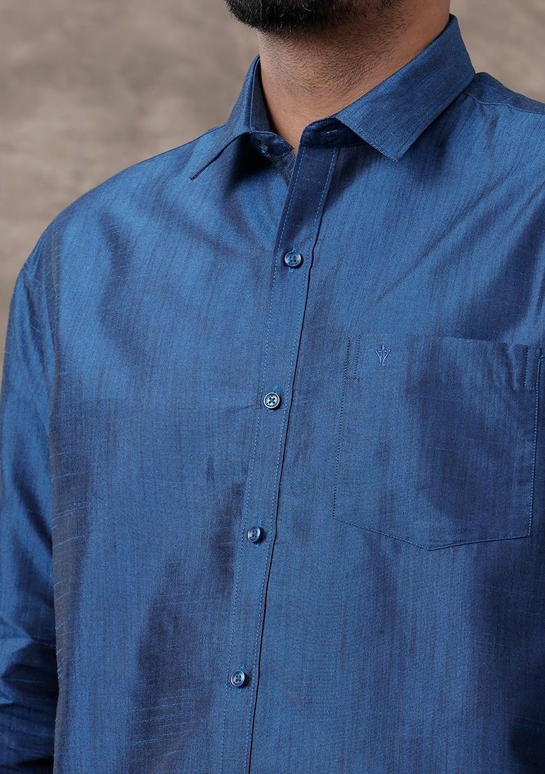 Blue Solid Traditional Cotton Shirt And Matching Fancy Border Dhoti For Men - Indya