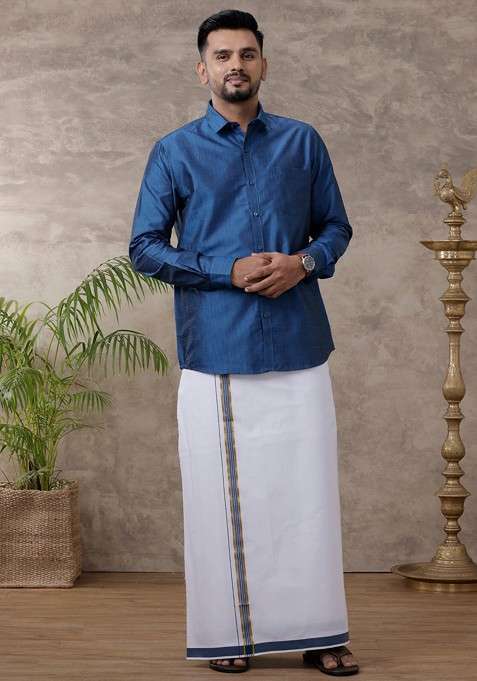 Blue Solid Traditional Cotton Shirt And Matching Fancy Border Dhoti For Men