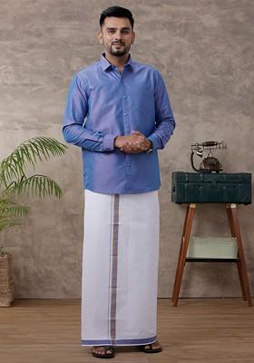 Blue Solid Traditional Cotton Shirt And Matching Fancy Border Dhoti For Men