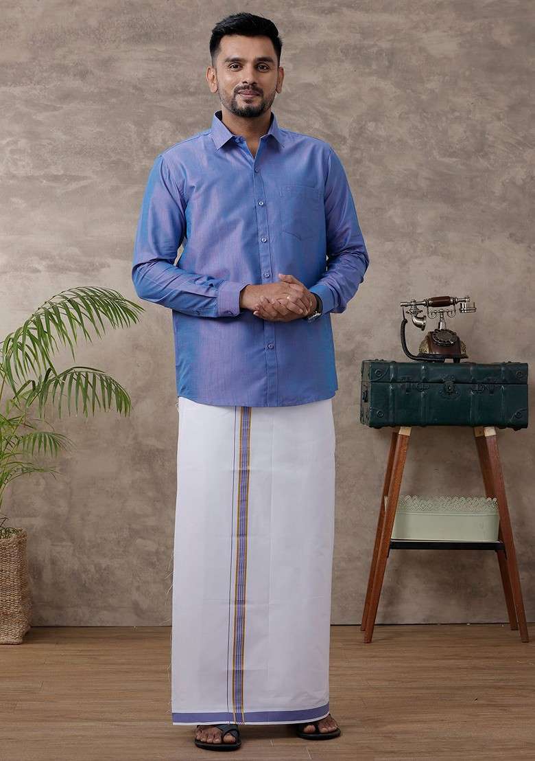 Blue Solid Traditional Cotton Shirt And Matching Fancy Border Dhoti For Men - Indya