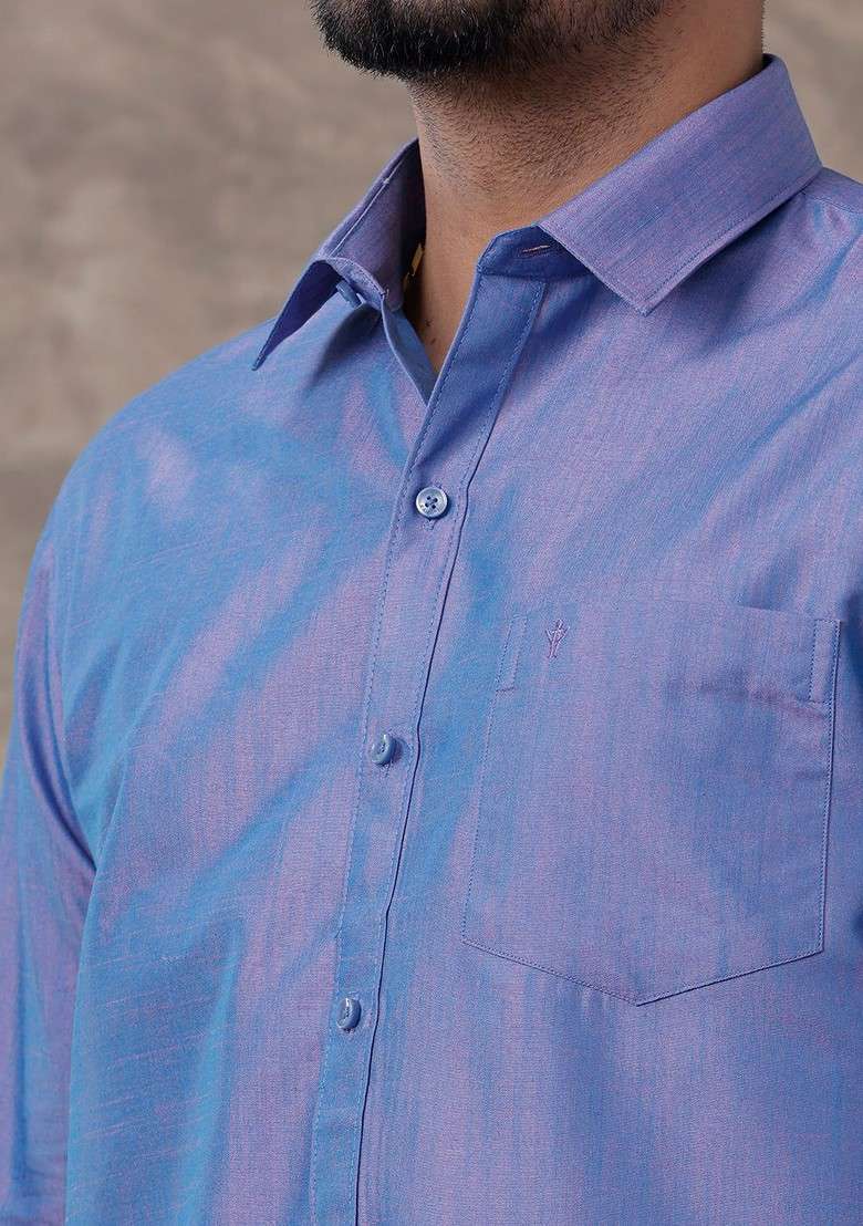 Blue Solid Traditional Cotton Shirt And Matching Fancy Border Dhoti For Men - Indya