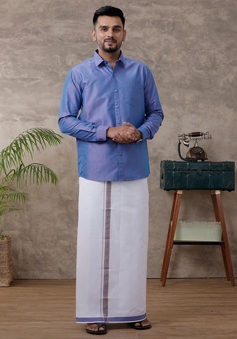 Blue Solid Traditional Cotton Shirt And Matching Fancy Border Dhoti For Men