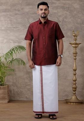 Maroon Solid Traditional Cotton Shirt And Matching Fancy Border Dhoti For Men