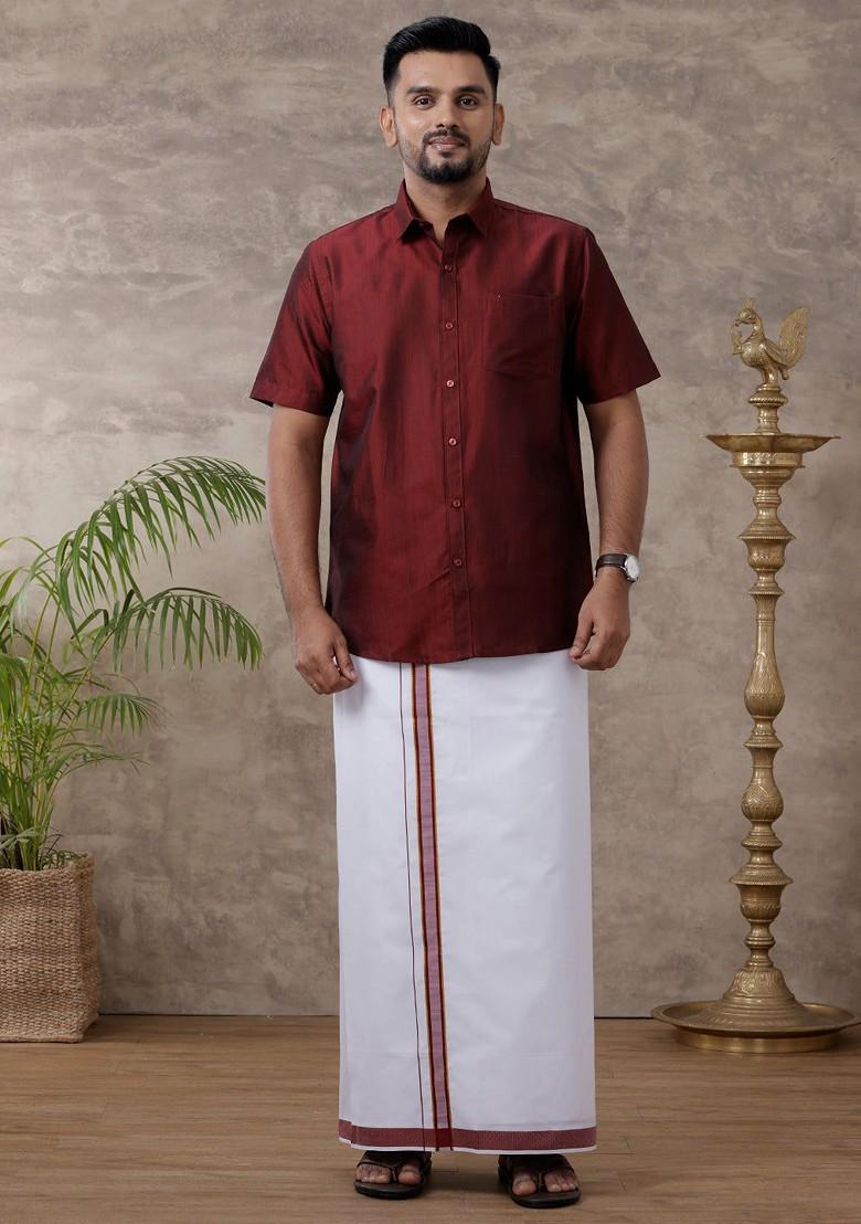 Maroon Solid Traditional Cotton Shirt And Matching Fancy Border Dhoti For Men