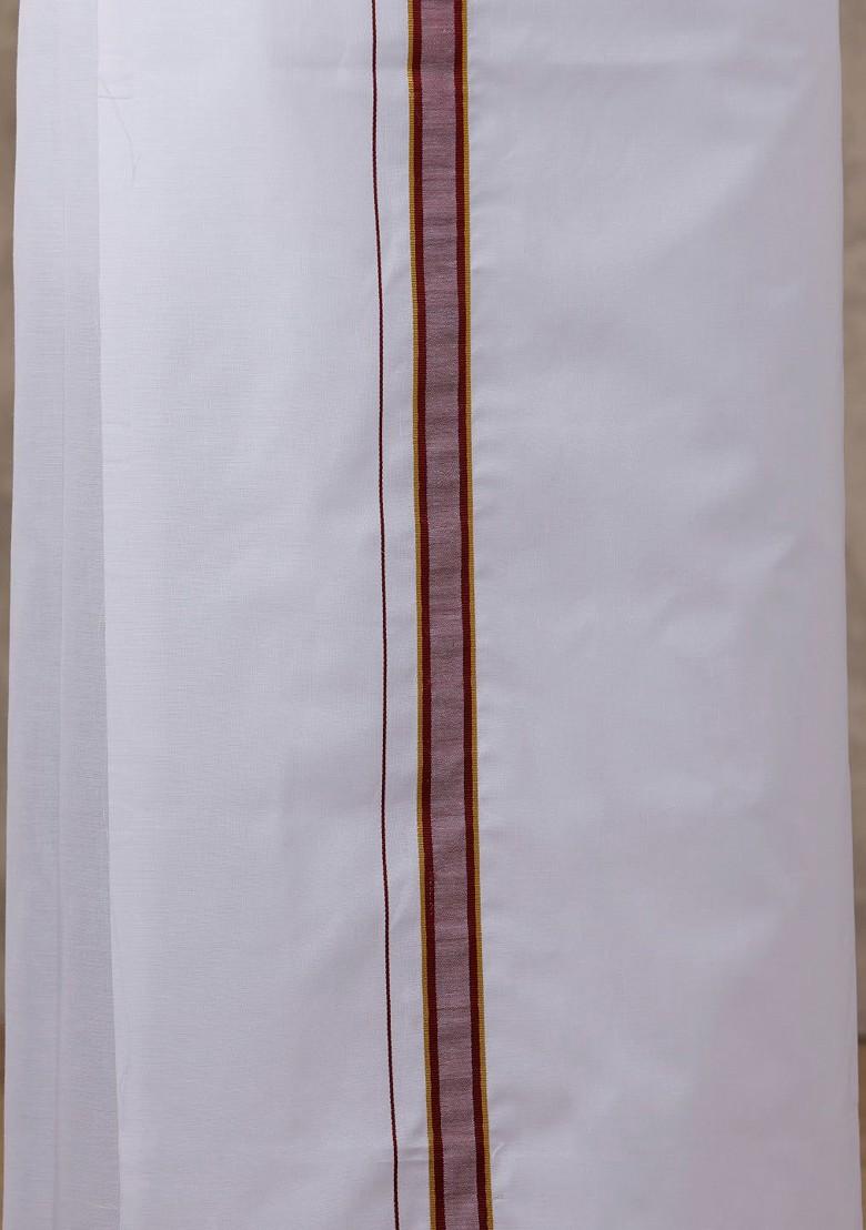 Maroon Solid Traditional Cotton Shirt And Matching Fancy Border Dhoti For Men - Indya