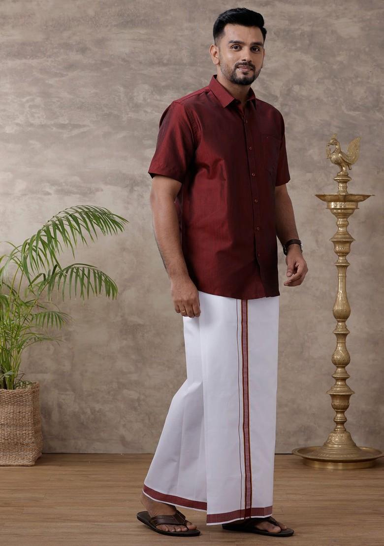 Maroon Solid Traditional Cotton Shirt And Matching Fancy Border Dhoti For Men