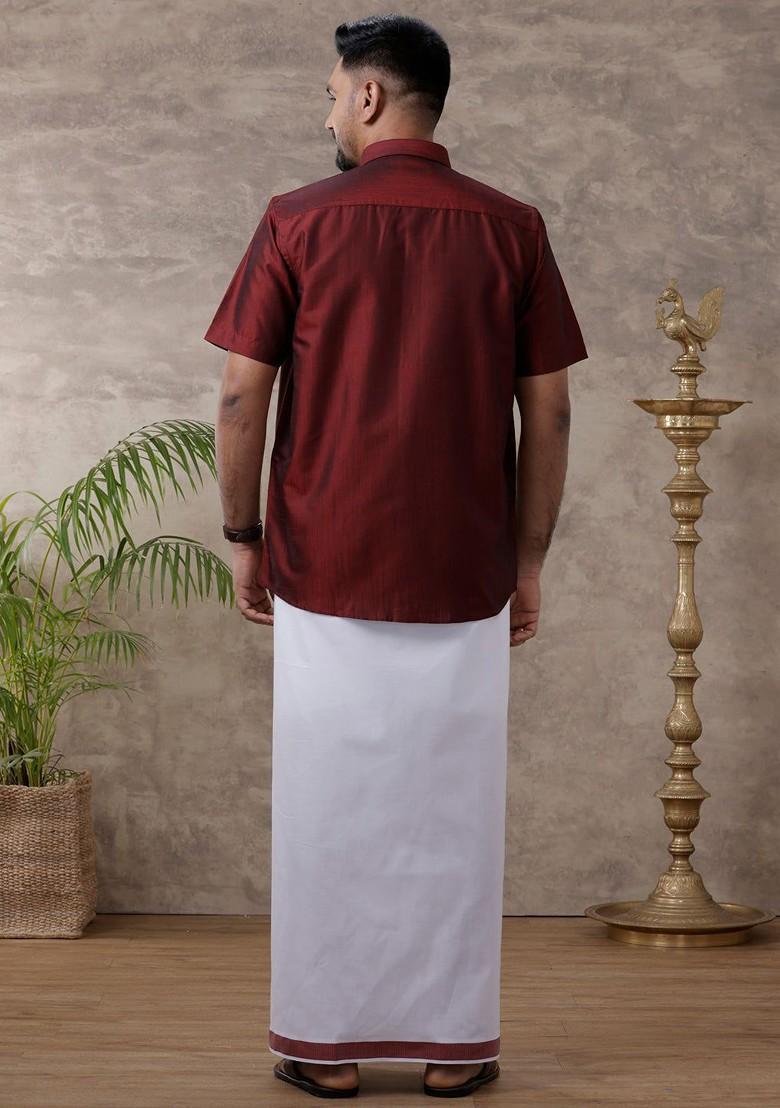 Maroon Solid Traditional Cotton Shirt And Matching Fancy Border Dhoti For Men - Indya