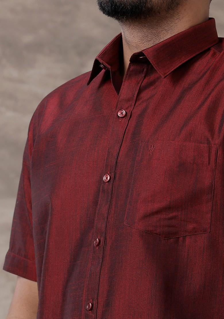 Maroon Solid Traditional Cotton Shirt And Matching Fancy Border Dhoti For Men