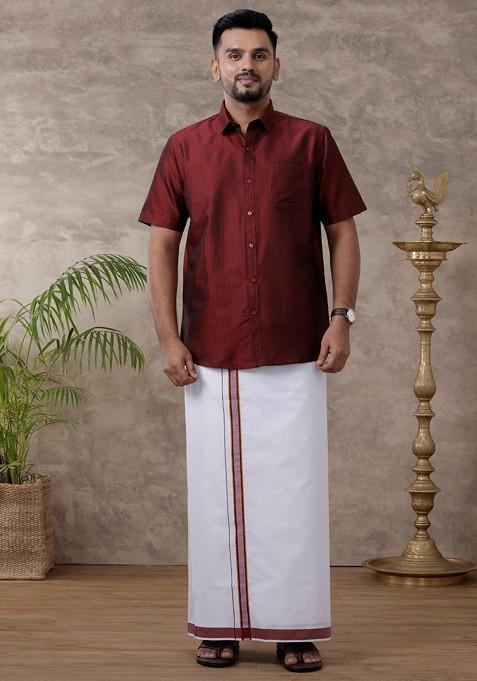Maroon Solid Traditional Cotton Shirt And Matching Fancy Border Dhoti For Men