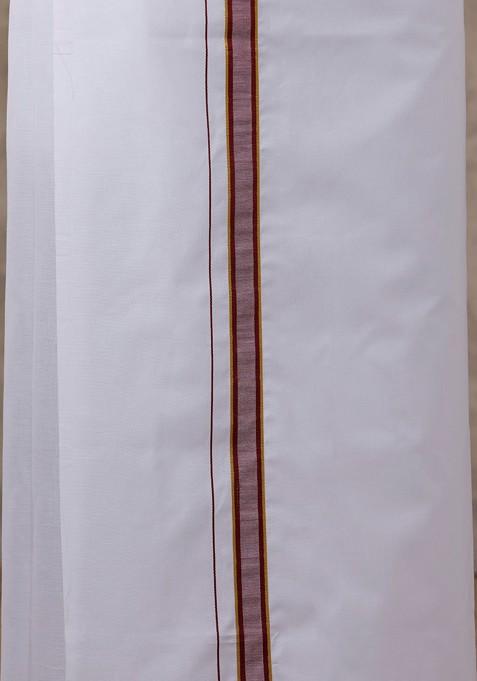 Maroon Solid Traditional Cotton Shirt And Matching Fancy Border Dhoti For Men