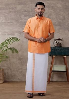 Orange Solid Traditional Cotton Shirt And Matching Fancy Border Dhoti For Men