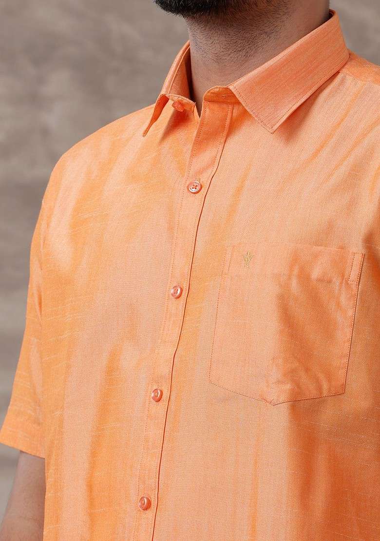 Orange Solid Traditional Cotton Shirt And Matching Fancy Border Dhoti For Men - Indya