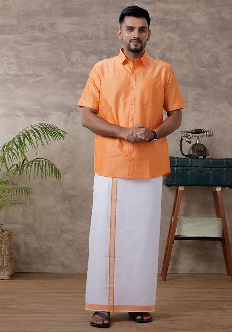 Orange Solid Traditional Cotton Shirt And Matching Fancy Border Dhoti For Men