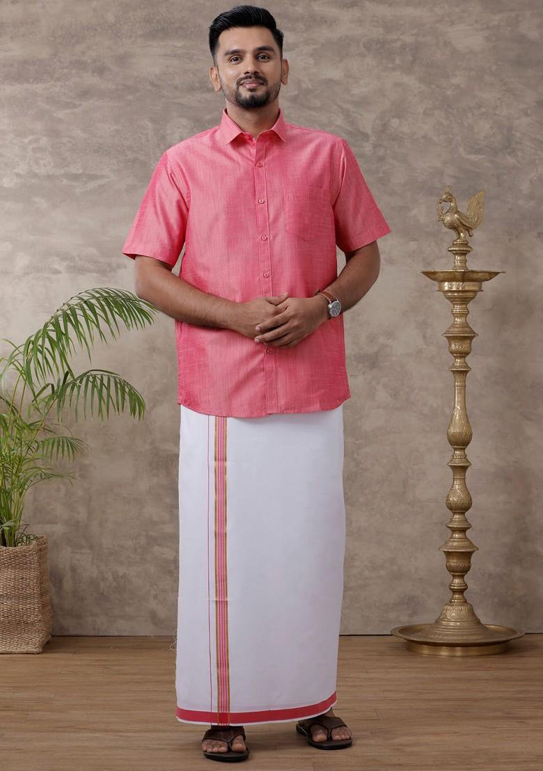 Pink Solid Traditional Cotton Shirt And Matching Fancy Border Dhoti For Men