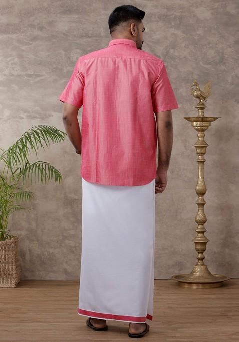 Pink Solid Traditional Cotton Shirt And Matching Fancy Border Dhoti For Men