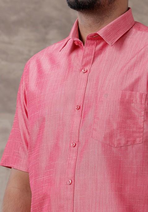 Pink Solid Traditional Cotton Shirt And Matching Fancy Border Dhoti For Men