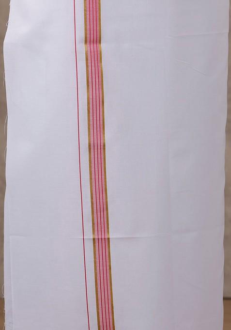 Pink Solid Traditional Cotton Shirt And Matching Fancy Border Dhoti For Men