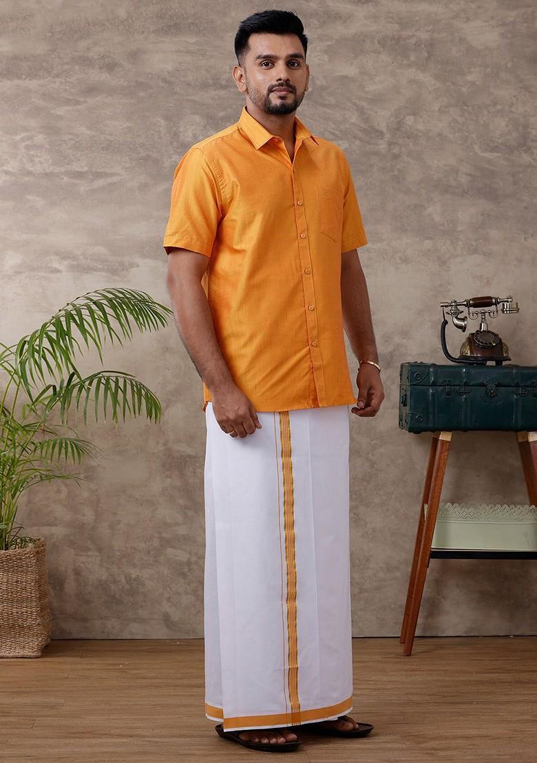 Yellow Solid Traditional Cotton Shirt And Matching Fancy Border Dhoti For Men - Indya