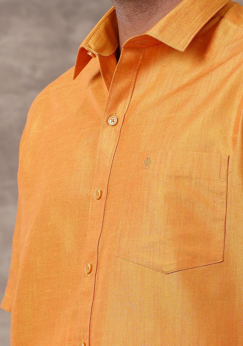 Yellow Solid Traditional Cotton Shirt And Matching Fancy Border Dhoti For Men