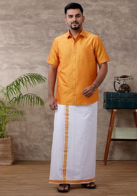 Yellow Solid Traditional Cotton Shirt And Matching Fancy Border Dhoti For Men